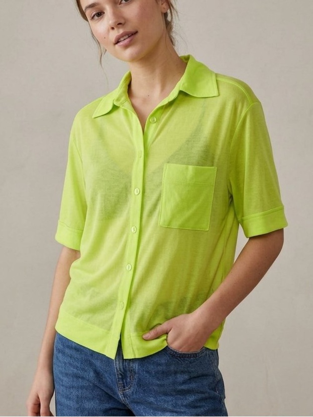 Urban Outfitters Sheer Mesh Chartreuse Short Sleeve Button Up Pocket Top XS